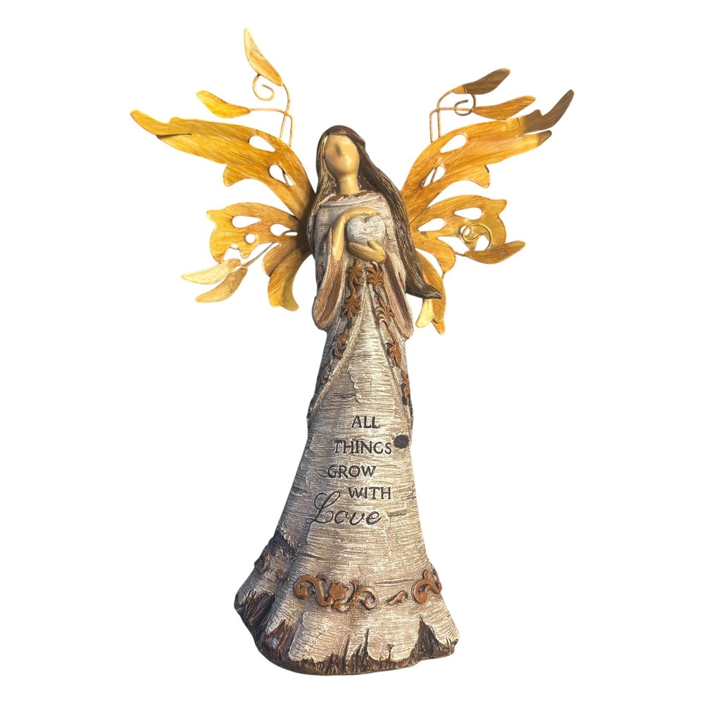 Rustic Birch Wood Style Angel Figurine All Things Grow With Love Metal Wing 9.5"